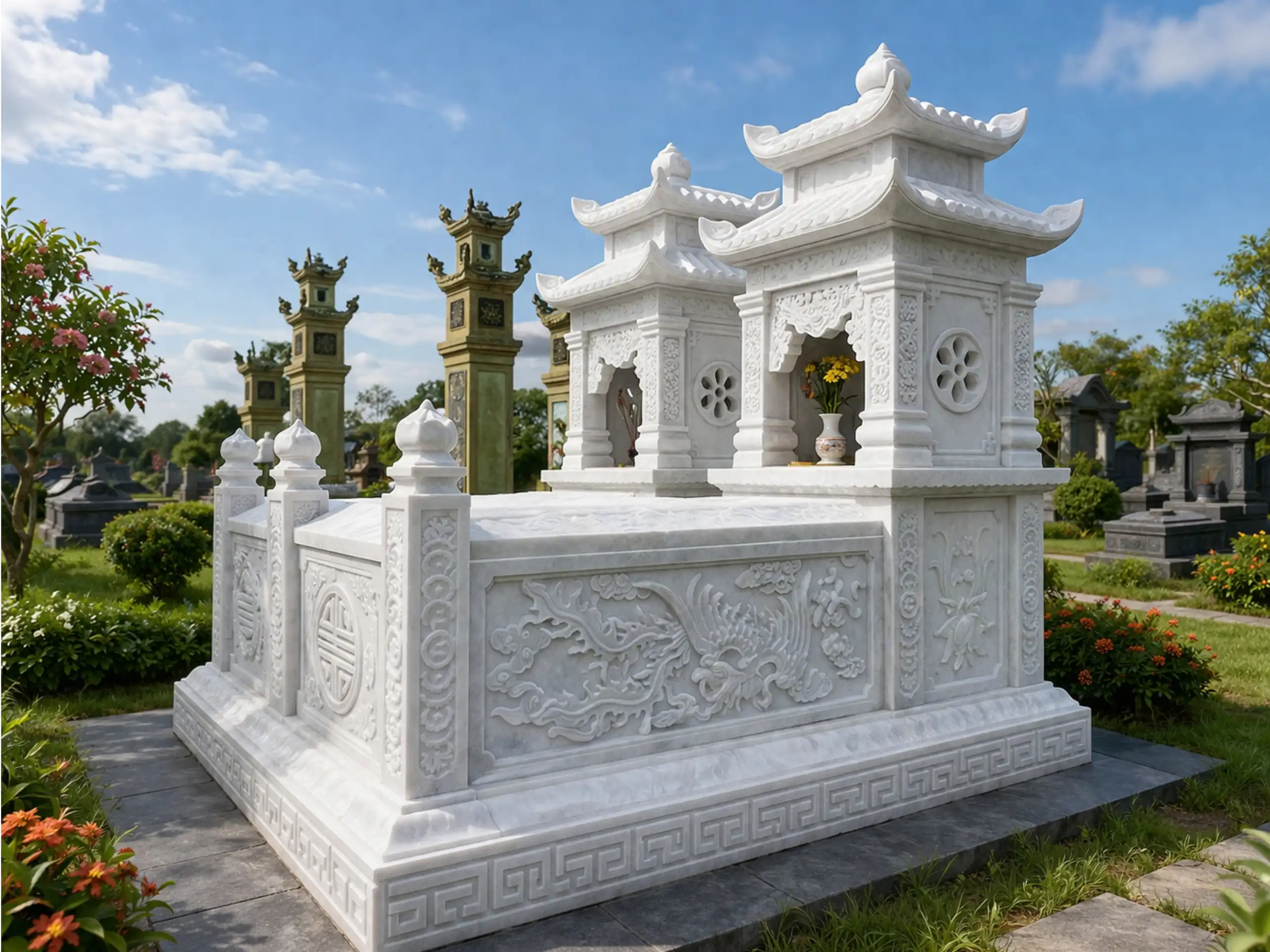 lăng mộ đá 2 mái bằng đá trắng