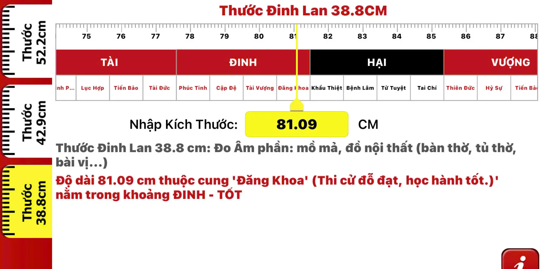 Thước lỗ ban 38.8 âm phần dùng trong công trình tâm linh